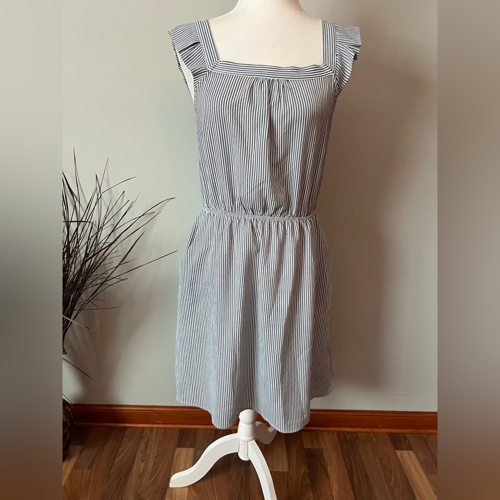 Monteau Blue and White Striped women’s Dress pinafore ruffled sleeve size L
